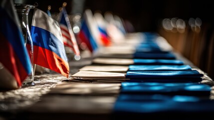 Cold War Conference Table With Usa and Ussr Flags Set for Discussion in an Empty Space Filled With Shadows