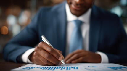 A man in a suit is writing with a pen on a piece of paper