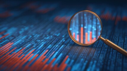 A magnifying glass is on a blue and red background