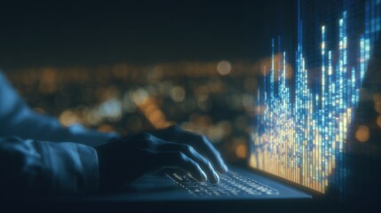 A person is typing on a laptop with a city skyline in the background