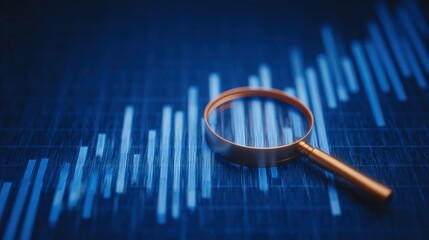 A magnifying glass is on top of a graph with blue lines