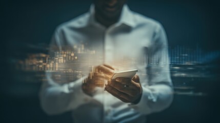 A man is holding a cell phone in his hand, and the image is a blurred