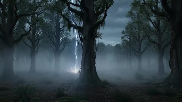 Eerie forest landscape with a large tree being struck by lightning