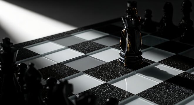 A close-up, dramatic, low-angle shot of a chess game in progress, highlighting the strategic positioning of the pieces on the board with strong contrasts of light and shadow
