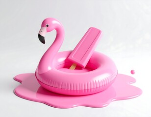 A vibrant, pink flamingo-shaped pool float with a melting popsicle, rendered in a shiny, stylized aesthetic. Summer theme