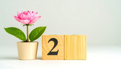 A vibrant pink flower in a small beige pot beside a wooden block with the number two, set against a plain light-grey backdrop