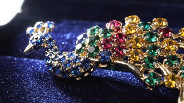Sparkling peacock brooch on blue velvet showcasing colorful gems and exquisite detail, elegant jewelry