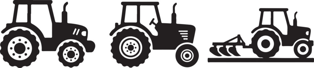 Agricultural Tractor Silhouettes: Farm Machinery and Plowing Equipment Vector Set