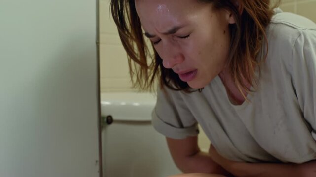 A young adult woman hunches over a toilet in a bathroom, clutching her stomach in intense pain and distress, representing severe illness or discomfort.