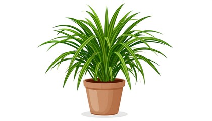 A vibrant, potted houseplant with long, green and yellow striped leaves, set against a clean white background