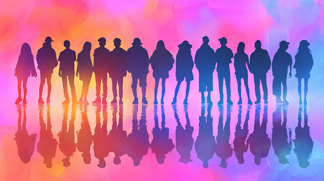 International Youth Day celebration, silhouette of diverse young people standing together, symbolizing friendship and unity, vibrant background