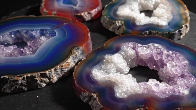 Close-up of vibrant geode slices showcasing amethyst and crystal formations with colorful banded agate edges