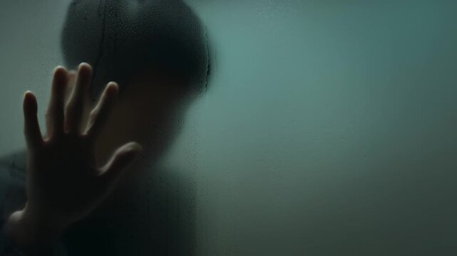 A blurred person's hand presses against a wet, frosted glass surface, with visible water droplets, symbolizing feelings of loneliness, isolation, and despair.