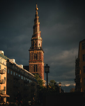 Church of Our Saviour Spiral Tower in Copenhagen at Dramatic Sunset
