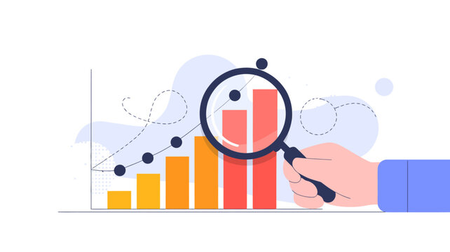 An illustration depicts data analysis with a magnifying glass focusing on a bar graph emphasizing growth and detailed examination high quality professional modern elegant stylish clean