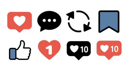 A collection of social media icons displays various interaction options including likes comments shares and saves in colorful designs high quality professional detailed modern elegant stylish