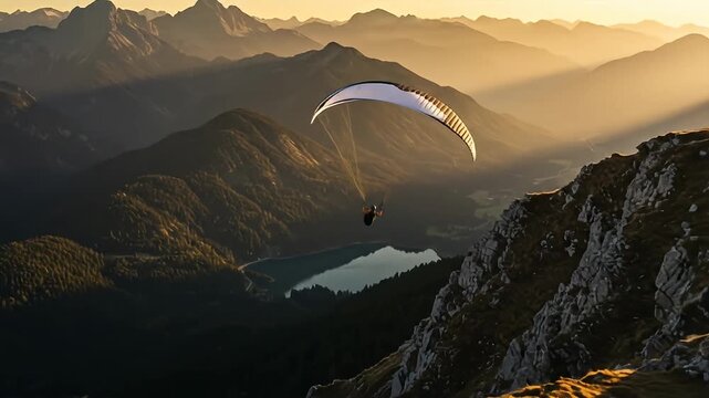 A paraglider launches from a craggy mountain edge against a backdrop of layered mountains