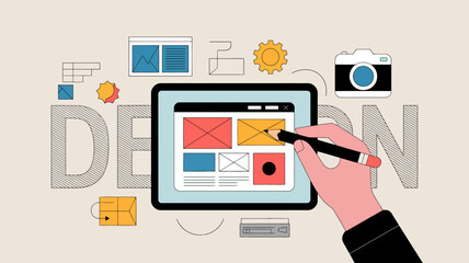 An illustration depicts digital design concepts featuring a tablet with a website layout being sketched with a pencil by a hand high quality professional detailed modern © Ultimate