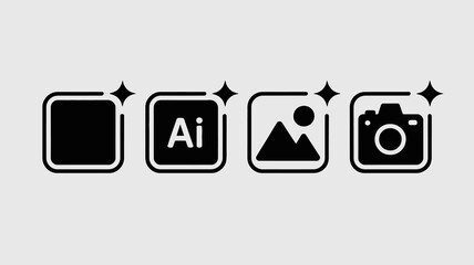 A series of four black square icons represents artificial intelligence and image generation tools featuring symbols for ai and photography high quality professional detailed modern elegant