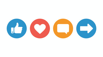 A row of four circular social media icons displays a like love comment and share action colored in blue red orange and blue high quality professional