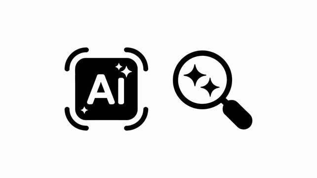 This image displays two black icons on a white background one showing ai within a frame and another representing a magnifying glass high quality professional detailed