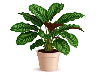 A vibrant, potted plant with large, patterned green leaves and reddish undersides, set against a pristine white background