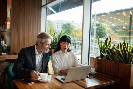 Two business colleagues discussing work on laptop in cafe