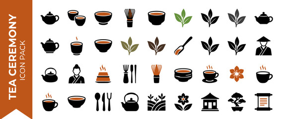 Japanese Tea Ceremony Icon Set: 36 Flat Vector Icons of Matcha Whisks, Teapots, Chawan Bowls, Green Tea Leaves, Bonsai, Tea Houses, and Traditional Tea Masters for Zen Culture and Beverage Design.