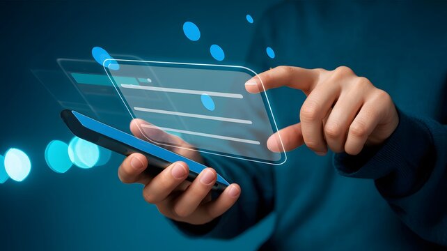 Person interacting with a holographic interface projected from a smartphone, displaying data and forms on a dark blue background with bokeh lights. This image represents digital transformation