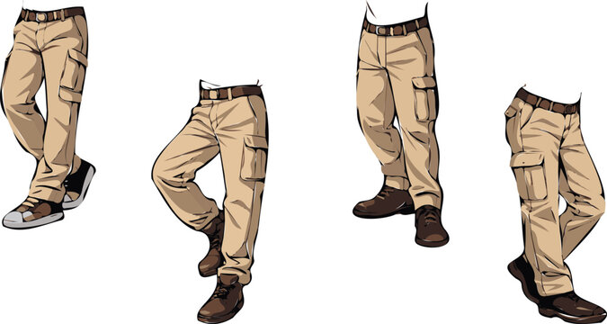 Cargo pants set with male legs in different poses, casual khaki trousers fashion flat vector collection