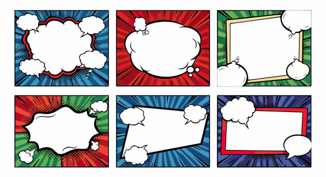 Seis bal&otilde;es de fala e caixas de texto estilo quadrinhos, com fundos coloridos de raios de a&ccedil;&atilde;o, ideais para designs gr&aacute;ficos, pop art e comunica&ccedil;&atilde;o visual.