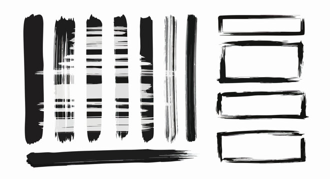 Conjunto de tra&ccedil;os de pincel e molduras retangulares desenhados &agrave; m&atilde;o com tinta preta, oferecendo texturas grunge e elementos gr&aacute;ficos abstratos para design.