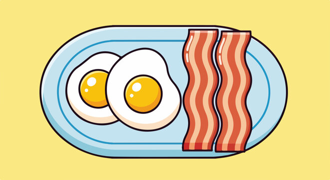 Ilustra&ccedil;&atilde;o vetorial de um prato azul com dois ovos fritos e duas fatias de bacon crocante, representando um caf&eacute; da manh&atilde; cl&aacute;ssico.
