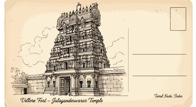 Ilustra&ccedil;&atilde;o vintage de um cart&atilde;o postal do Templo Jalagandeswarar no Forte Vellore, &Iacute;ndia, representando a rica arquitetura cultural.
