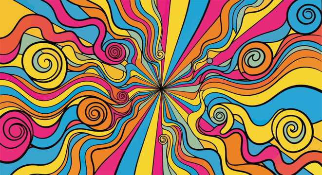 Padr&atilde;o psicod&eacute;lico abstrato vibrante com ondas coloridas e espirais, evocando a est&eacute;tica retr&ocirc; dos anos 60 e 70.