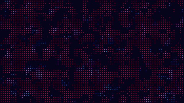 Abstract digital noise texture featuring a dynamic mosaic of scattered red, blue, and purple pixels on a dark background, creating a modern technological backdrop
