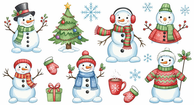 Cole&ccedil;&atilde;o encantadora de bonecos de neve festivos, &aacute;rvore de Natal, flocos de neve e elementos de inverno para celebrar a &eacute;poca.