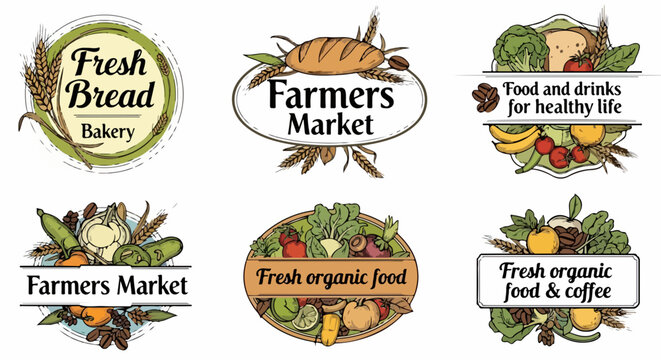 Cole&ccedil;&atilde;o de r&oacute;tulos e emblemas de alimentos frescos, mercado de agricultores e padaria, com elementos org&acirc;nicos e saud&aacute;veis em estilo desenhado &agrave; m&atilde;o.