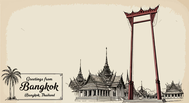 Ilustra&ccedil;&atilde;o vintage de Bangkok, Tail&acirc;ndia, destacando o Baloi&ccedil;o Gigante e templos tradicionais, com sauda&ccedil;&otilde;es de viagem.