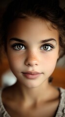 Fototapeta premium Striking close-up portrait of a young girl featuring captivating eyes and delicate freckles