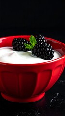 A vibrant red bowl filled with white creamy yogurt is topped with plump blackberries and a sprig of fresh green mint