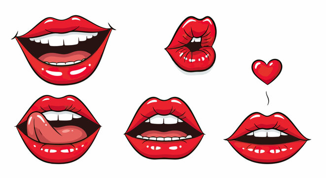 Ilustra&ccedil;&atilde;o vetorial de l&aacute;bios vermelhos brilhantes com diversas express&otilde;es, incluindo beijo, sorriso e l&iacute;ngua, em estilo pop art de quadrinhos.