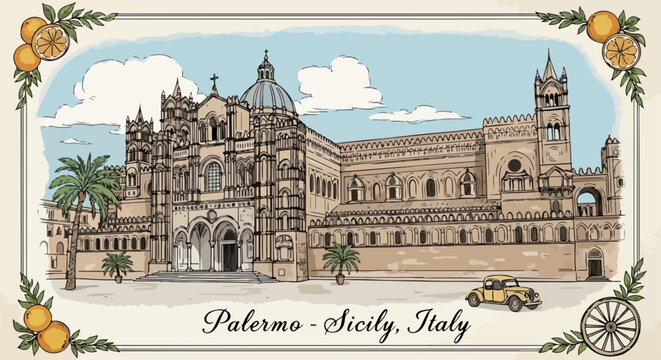 Ilustra&ccedil;&atilde;o vintage da Catedral de Palermo, Sic&iacute;lia, It&aacute;lia, destacando sua arquitetura majestosa, palmeiras e um carro cl&aacute;ssico, com moldura c&iacute;trica.