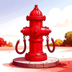 A vibrant red, cartoonish fire hydrant stands centered on a gray concrete platform, with curved hoses hanging. Sunny day background