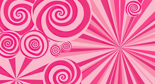 Sfondo vibrante e giocoso con lecca-lecca a spirale rosa di varie dimensioni e motivi a raggi, perfetto per design dolci.