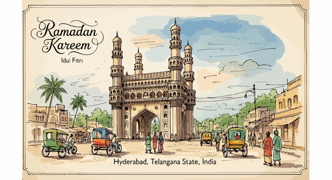 Illustrazione vintage disegnata a mano del Charminar a Hyderabad, India, con un saluto Ramadan Kareem e una vivace scena di strada.