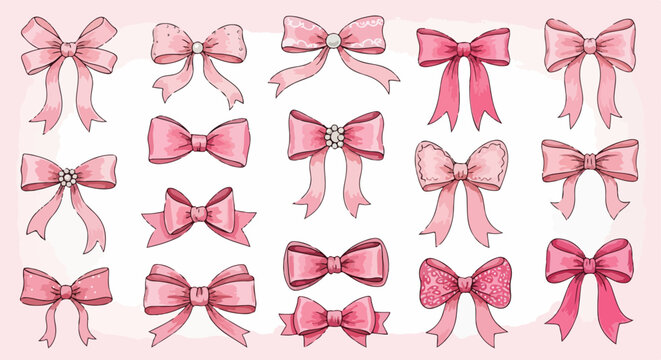 Una collezione affascinante di fiocchi rosa in stile acquerello, perfetti per decorazioni delicate e design femminili.