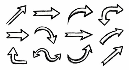 Una collezione di dodici frecce disegnate a mano con stili e direzioni diverse, ideali per indicare percorsi o concetti.