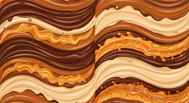 Sfondo astratto con onde golose di cioccolato fondente, al latte, bianco e caramello, creando un motivo dolce e invitante.