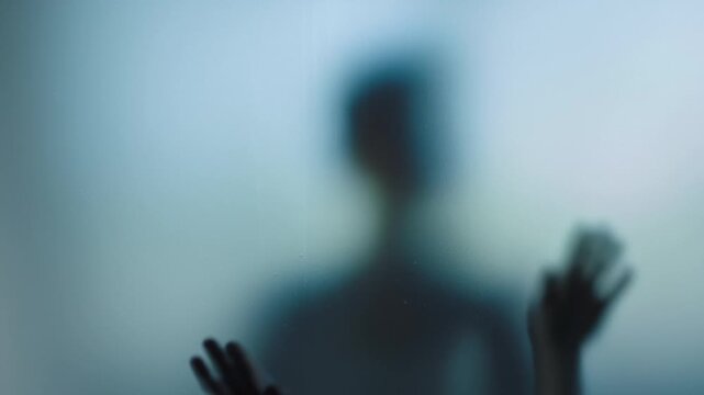 A blurry silhouette of a person emerges behind frosted glass, with a hand pressing against the surface, symbolizing privacy and isolation.